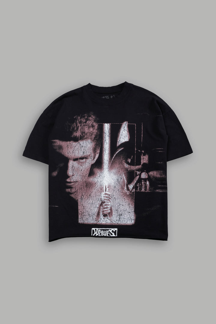 Awakened Power Grunge Mid Length Raw Hem Tee in Black