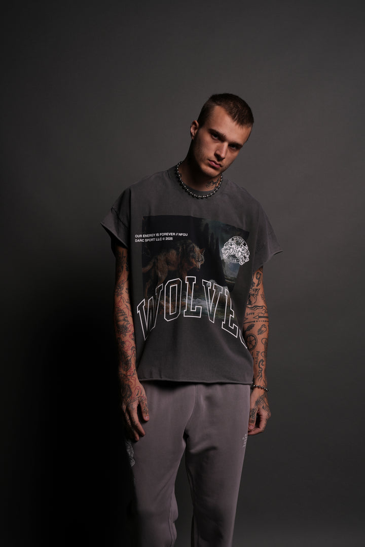 Don't Sleep Grunge Cut-Off Tee in Wolf Gray