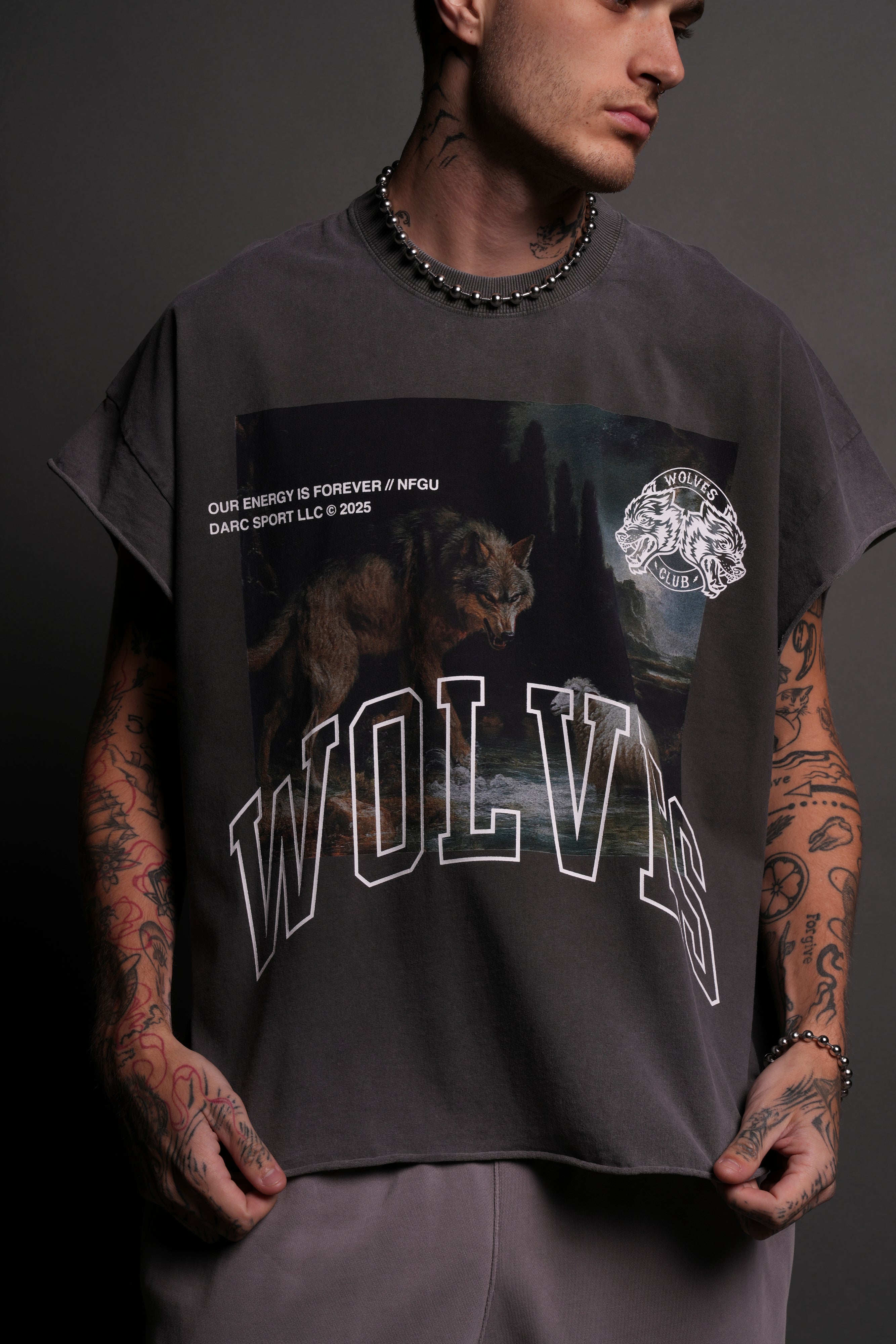 Don't Sleep Grunge Cut-Off Tee in Wolf Gray