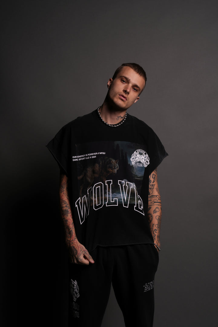 Don't Sleep Grunge Cut-Off Tee in Black