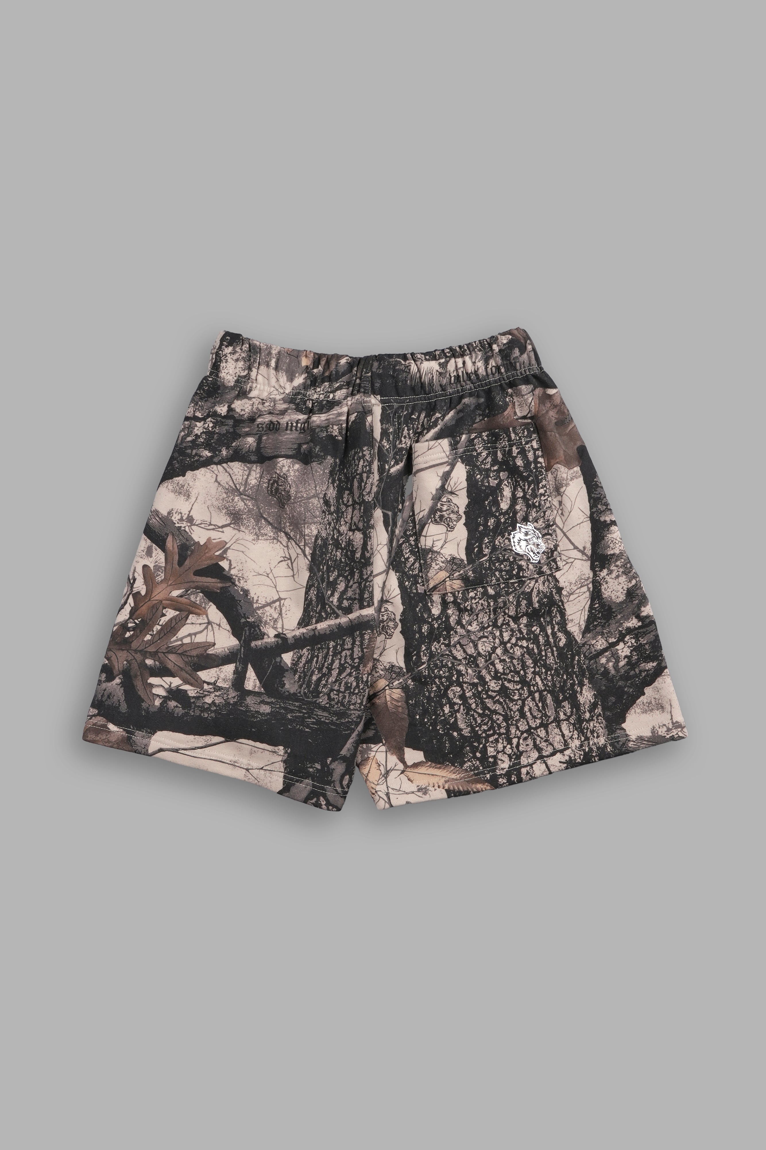 Okami Wolf Oversized Post Lounge Sweat Shorts in Clay Woodland Camo