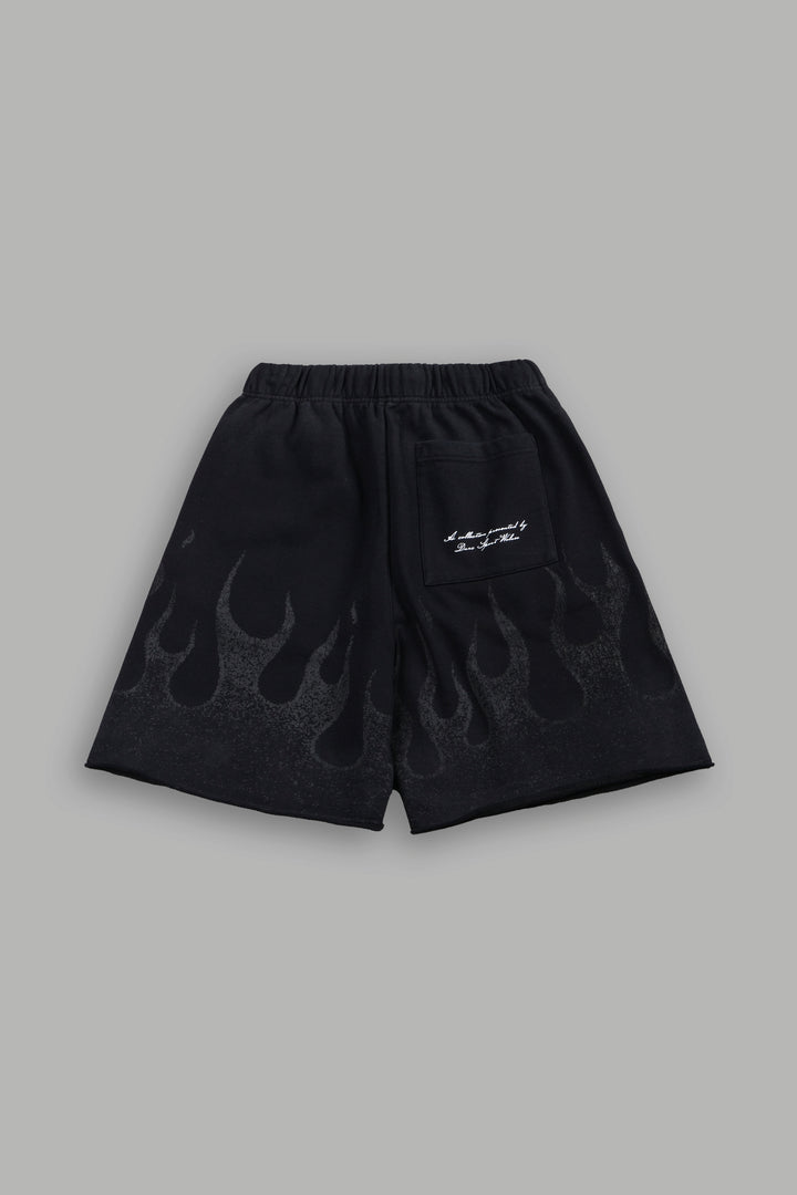 Wolves Club Cherub Inferno Grunge Oversized Raw Hem Post Lounge Sweat Shorts in Black Drift Wash