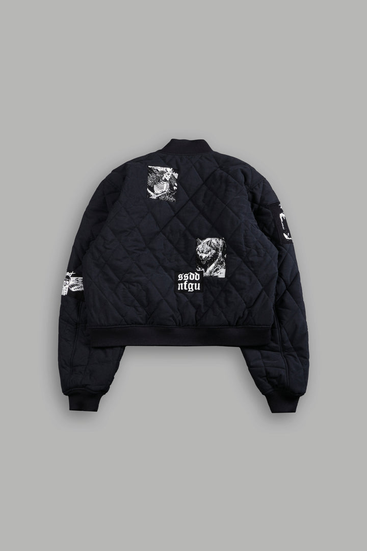 Patched Wolf Hesh Cloud Quilted Reversible Bomber Jacket in Black