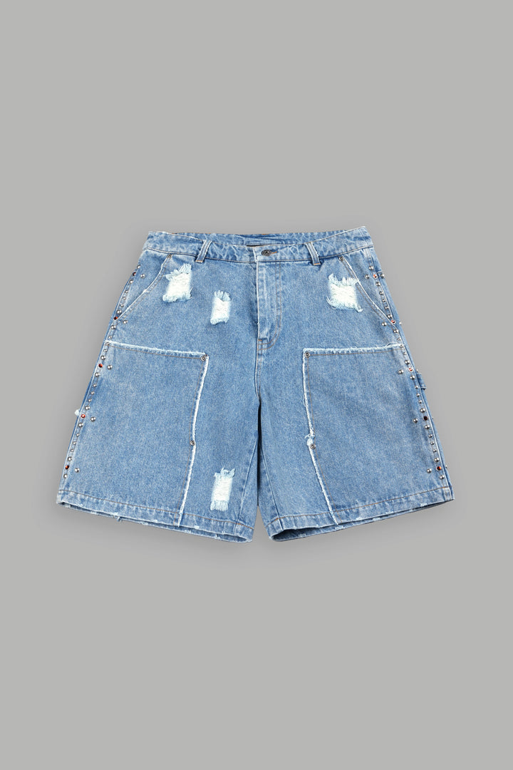 Wolves Heritage Distressed Denim Carpenter Shorts In Light Wash