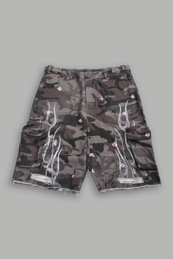 Darc Blossom Duke Cargo Shorts in Warrior In A Garden Green Camo