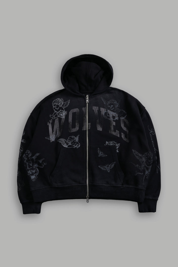 Fallen Cherub Vex Double Zip Hoodie in Black Drift Wash
