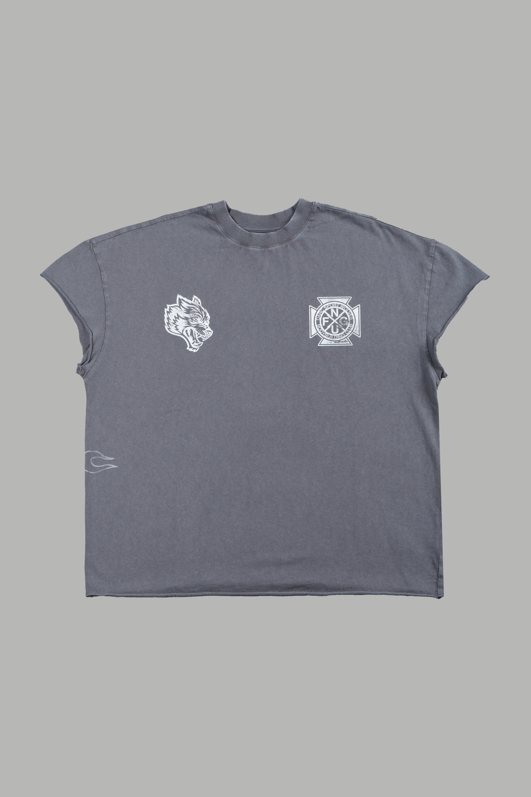 Wolves Club Cherub Grunge Mid Length Raw Hem Cap Sleeve Tee In Slate Gray