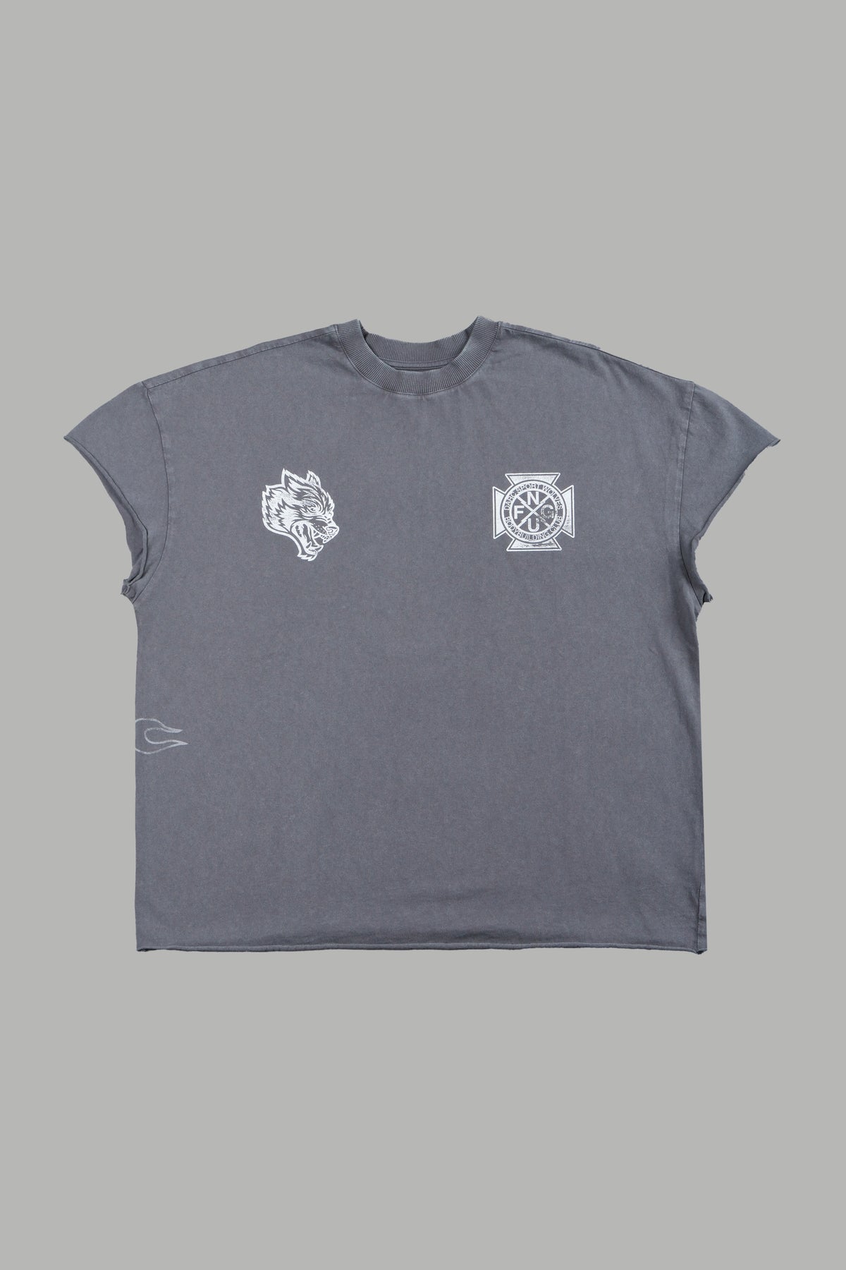 Wolves Club Cherub Grunge Mid Length Raw Hem Cap Sleeve Tee In Slate Gray