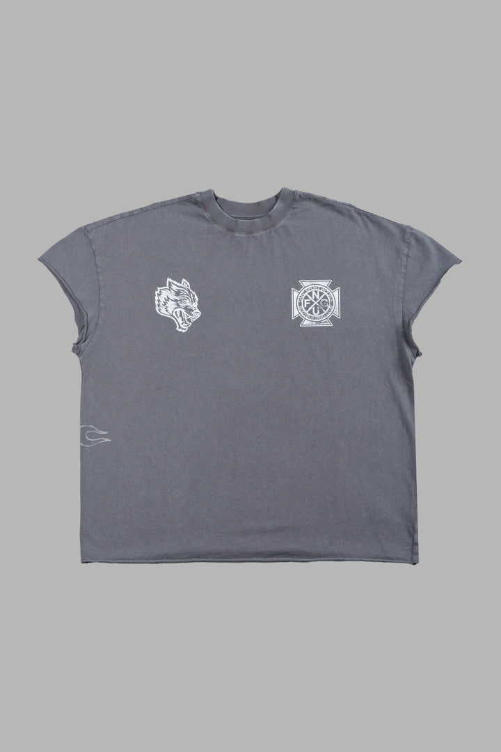 Wolves Club Cherub Grunge Mid Length Raw Hem Cap Sleeve Tee In Slate Gray
