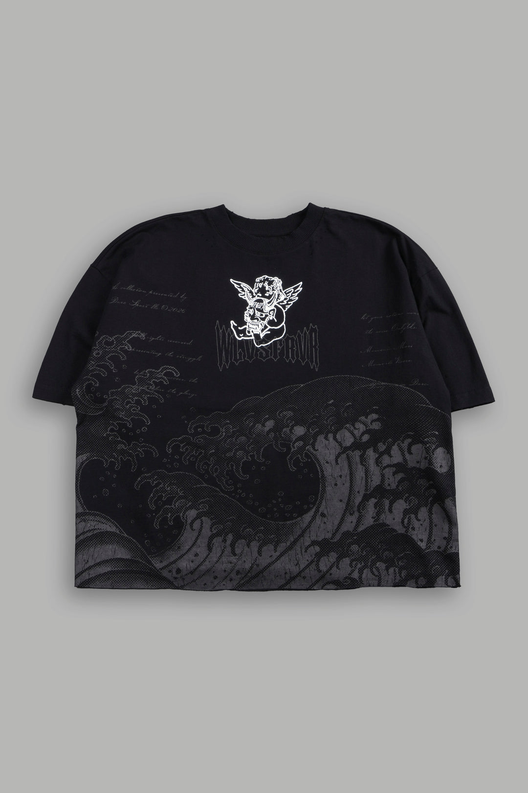 The Great Wave Distressed Grunge Box Cut Tee V2 in Black