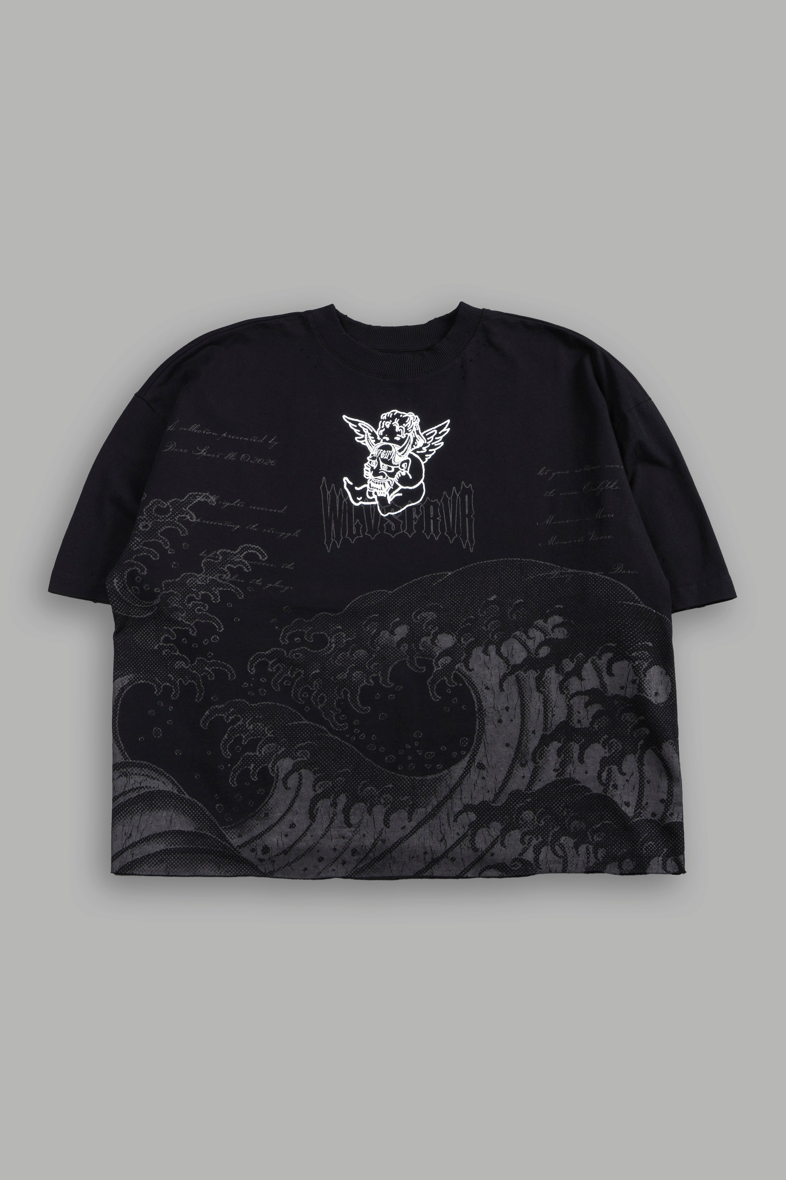 The Great Wave Distressed Grunge Box Cut Tee V2 in Black