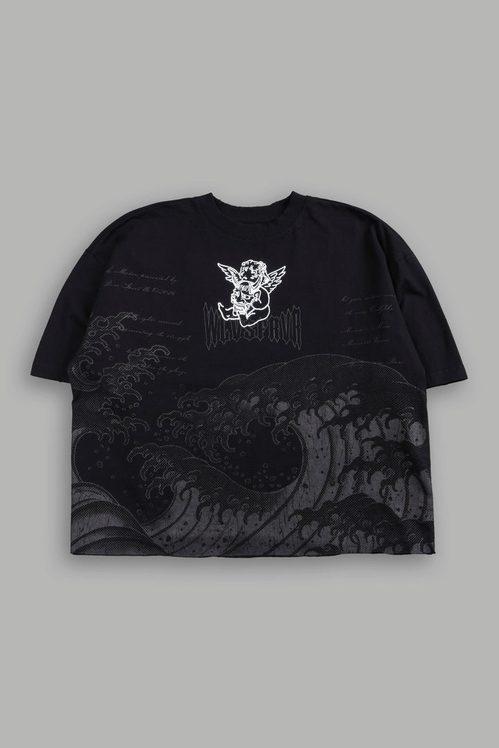 The Great Wave Distressed Grunge Box Cut Tee V2 in Black