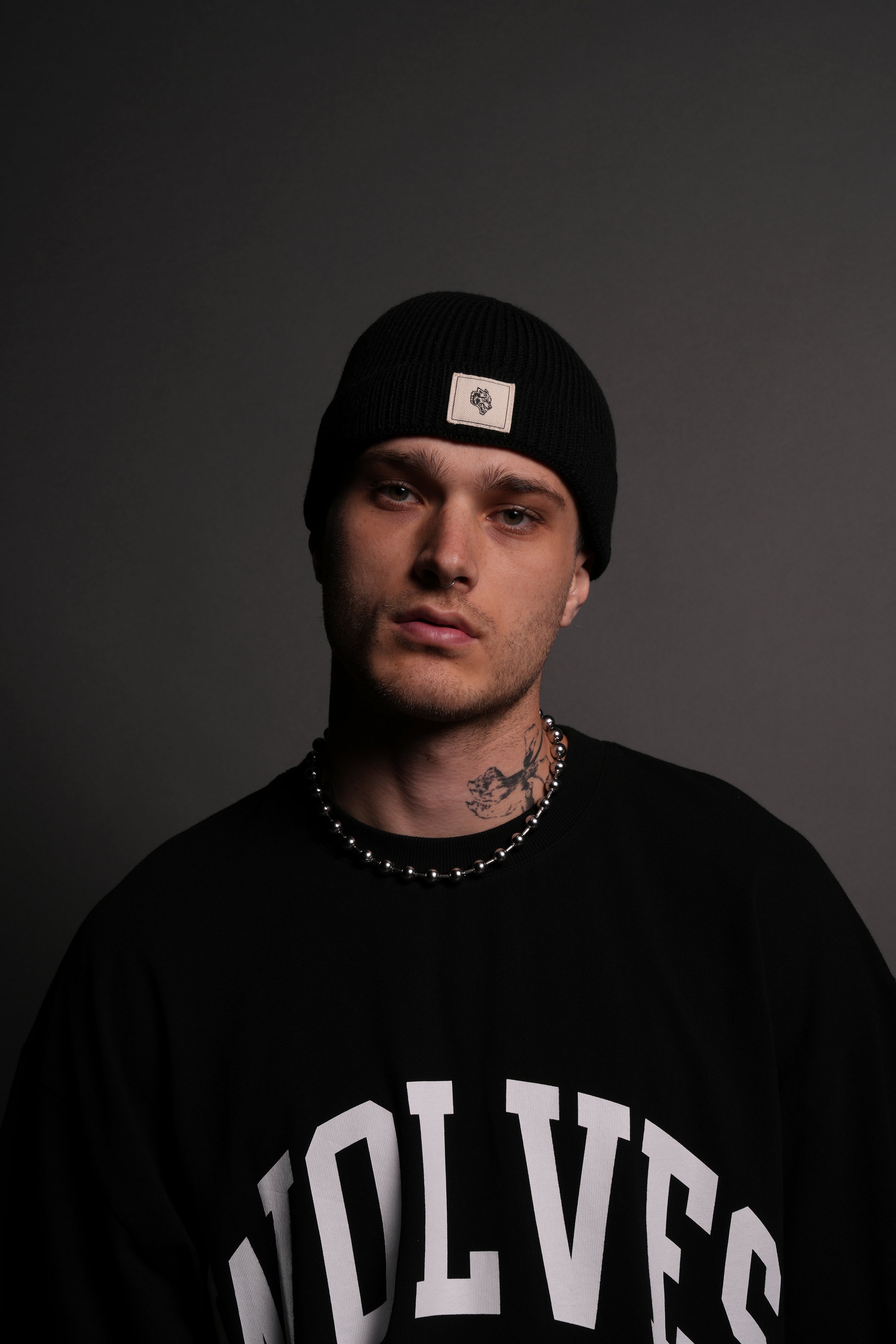 Wolf Patch Beanie in Black