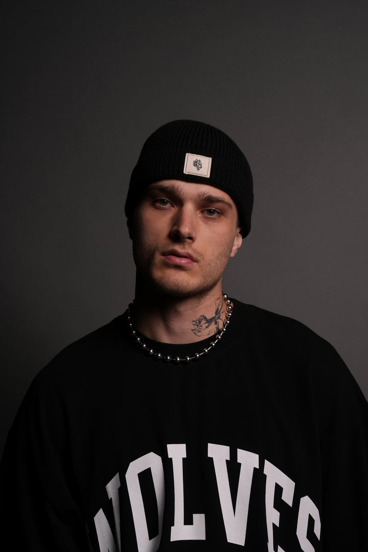 Wolf Patch Beanie in Black