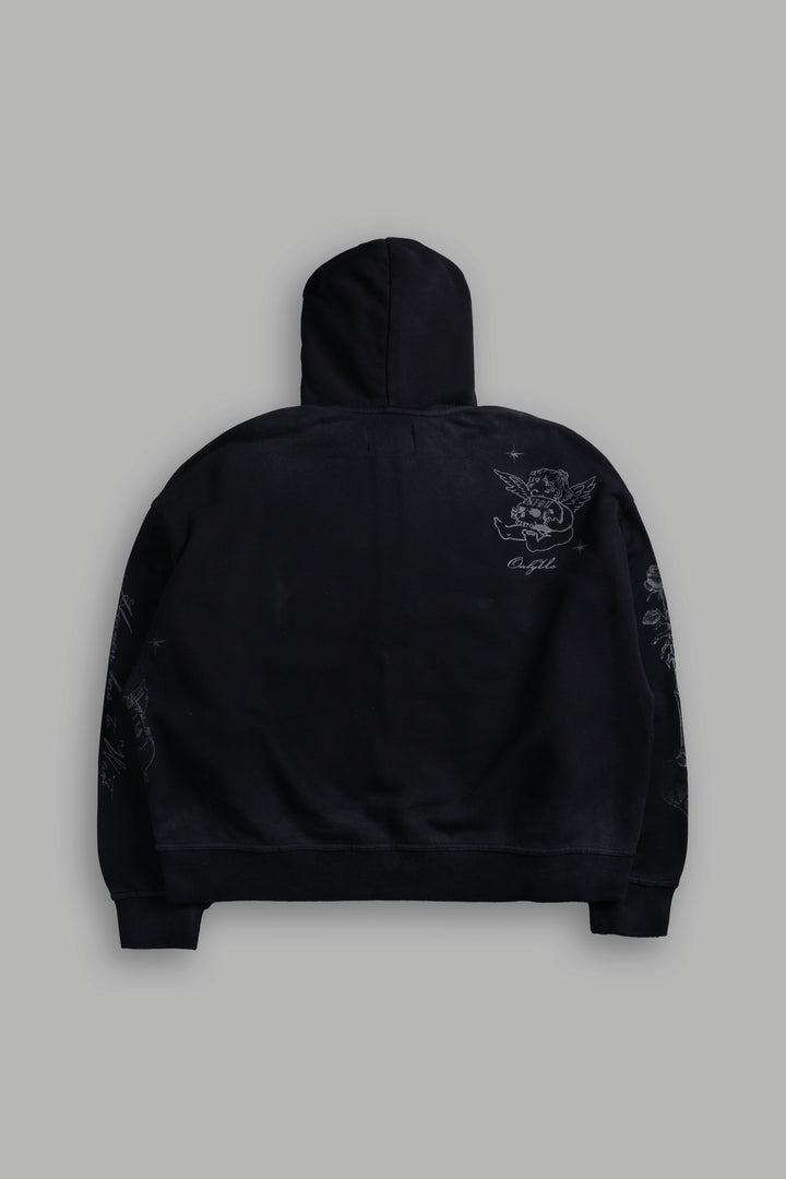 Fallen Cherub Vex Double Zip Hoodie in Black Drift Wash