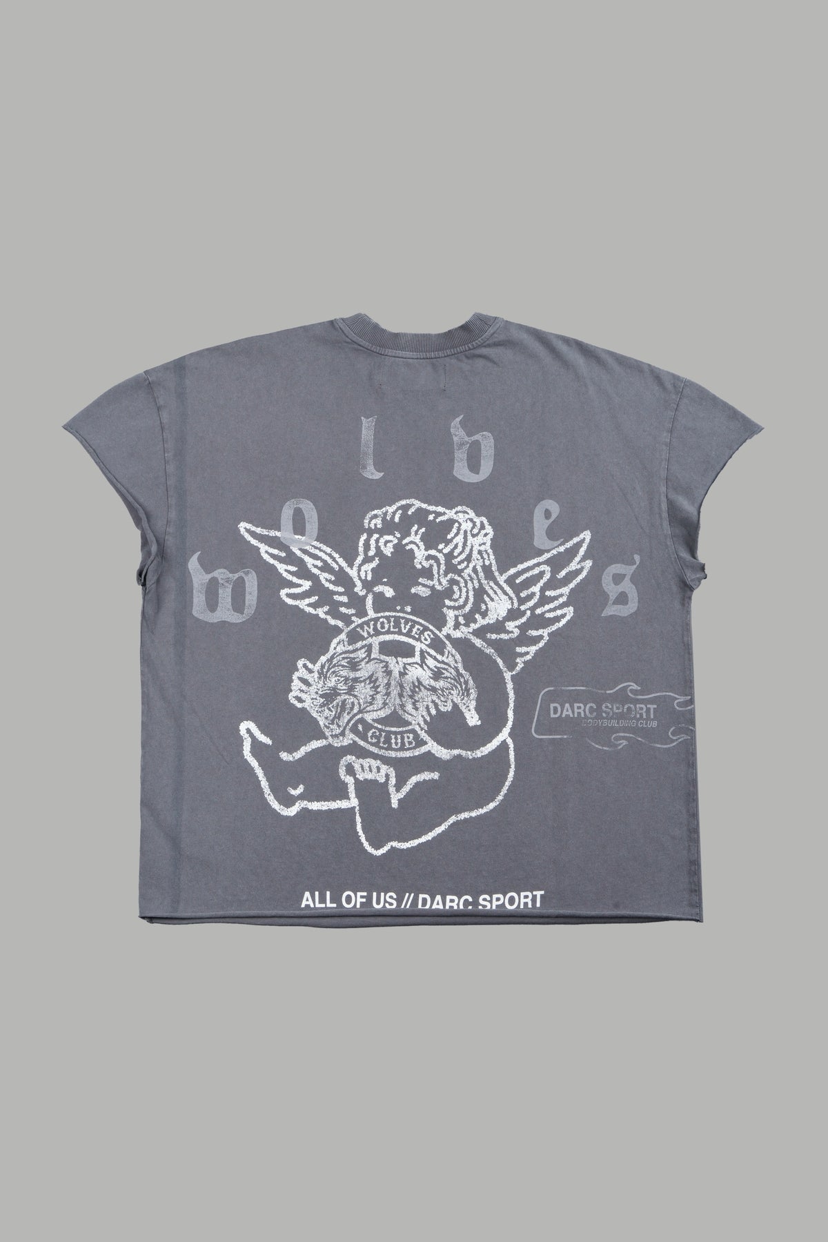 Wolves Club Cherub Grunge Mid Length Raw Hem Cap Sleeve Tee In Slate Gray