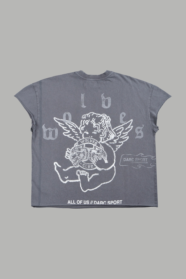 Wolves Club Cherub Grunge Mid Length Raw Hem Cap Sleeve Tee In Slate Gray
