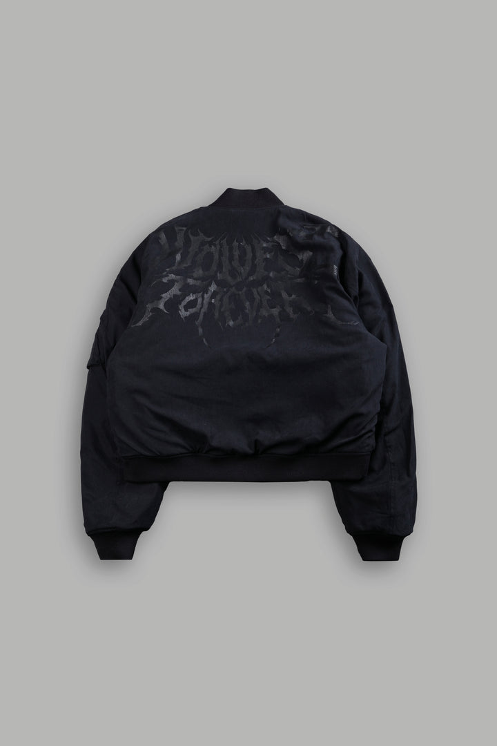 Patched Wolf Hesh Cloud Quilted Reversible Bomber Jacket in Black