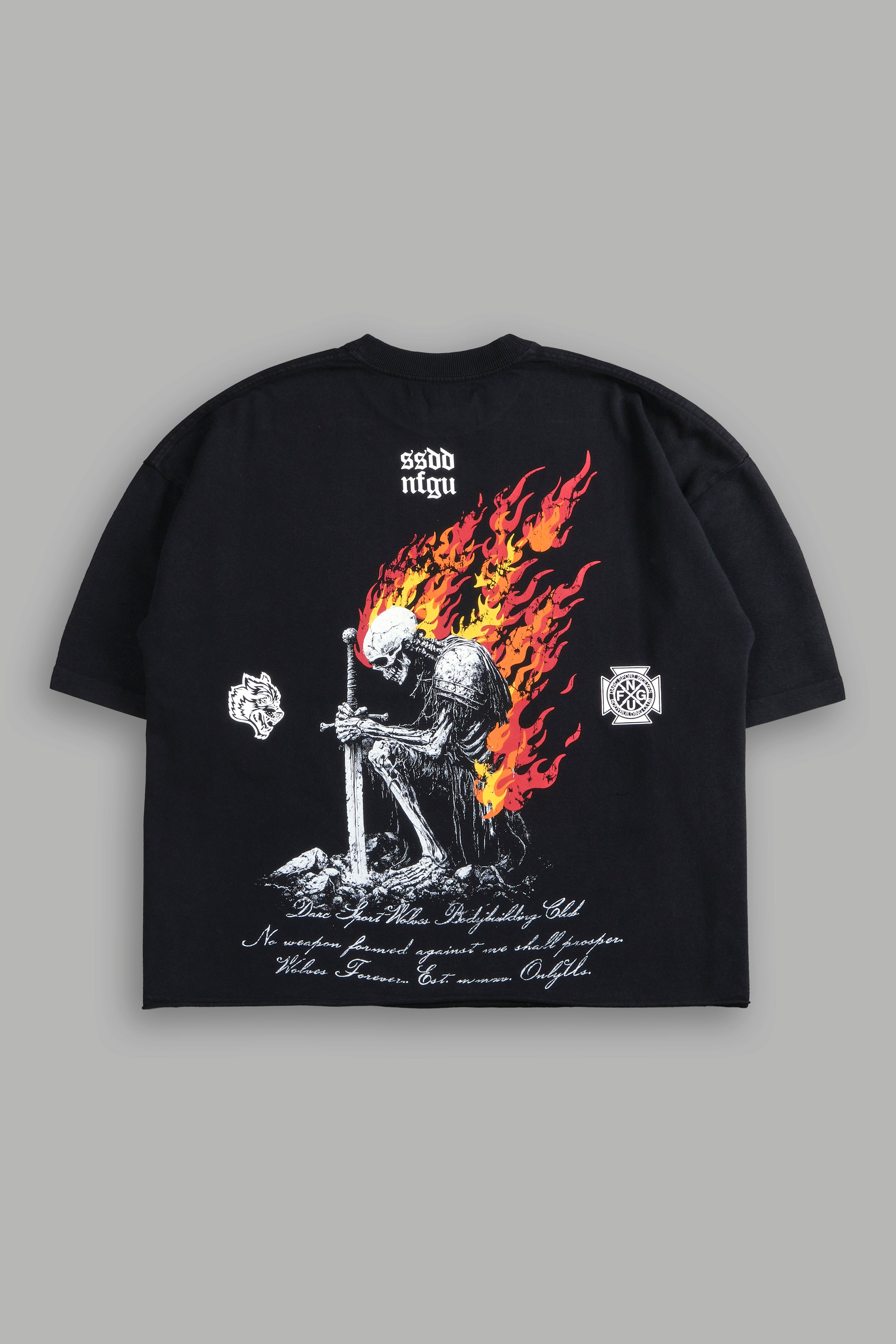 Sacred Fire Grunge Raw Hem "Box Cut" Tee in Black