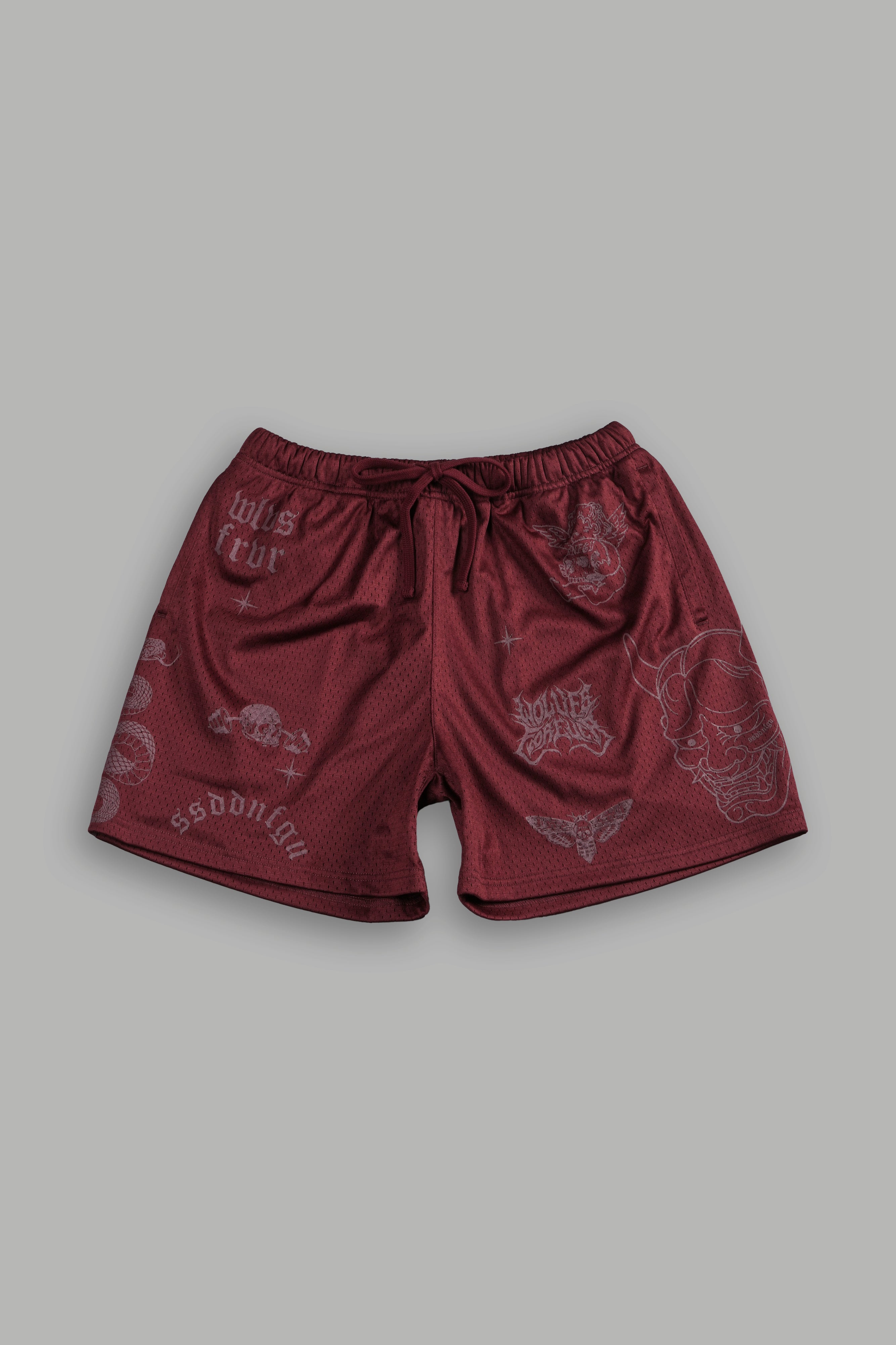 Oni Wolves Mesh Shorts in Oxblood