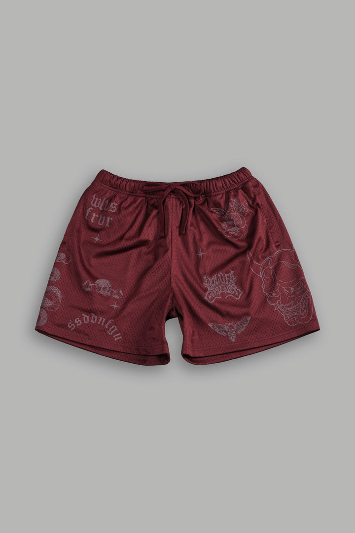 Oni Wolves Mesh Shorts in Oxblood