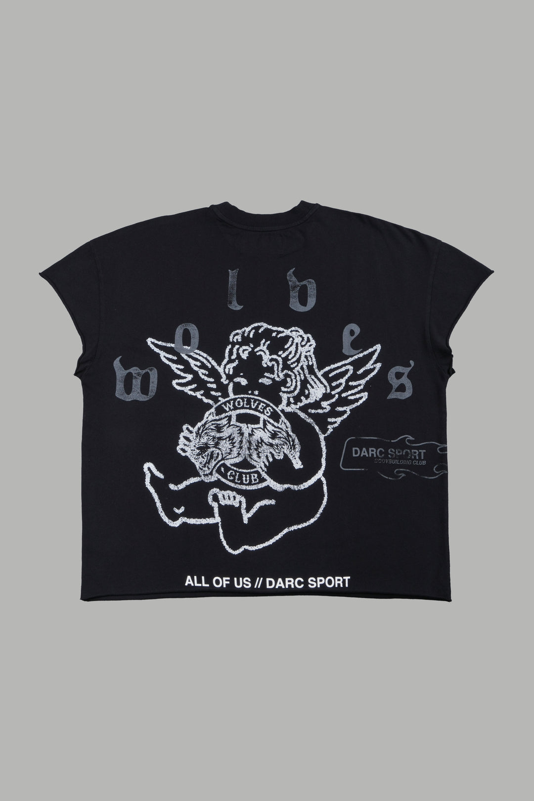 Wolves Club Cherub Grunge Mid Length Raw Hem Cap Sleeve Tee In Black