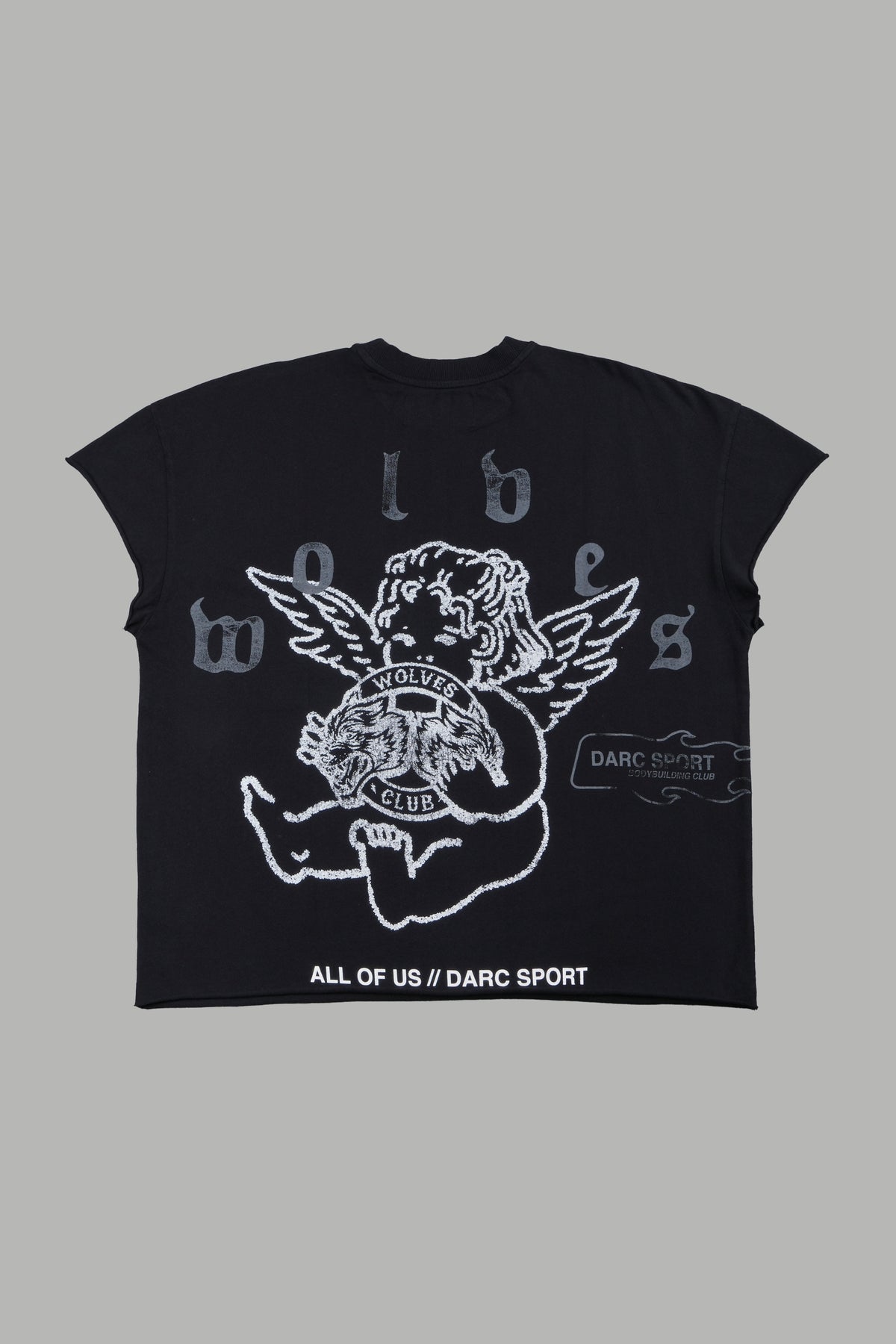 Wolves Club Cherub Grunge Mid Length Raw Hem Cap Sleeve Tee In Black