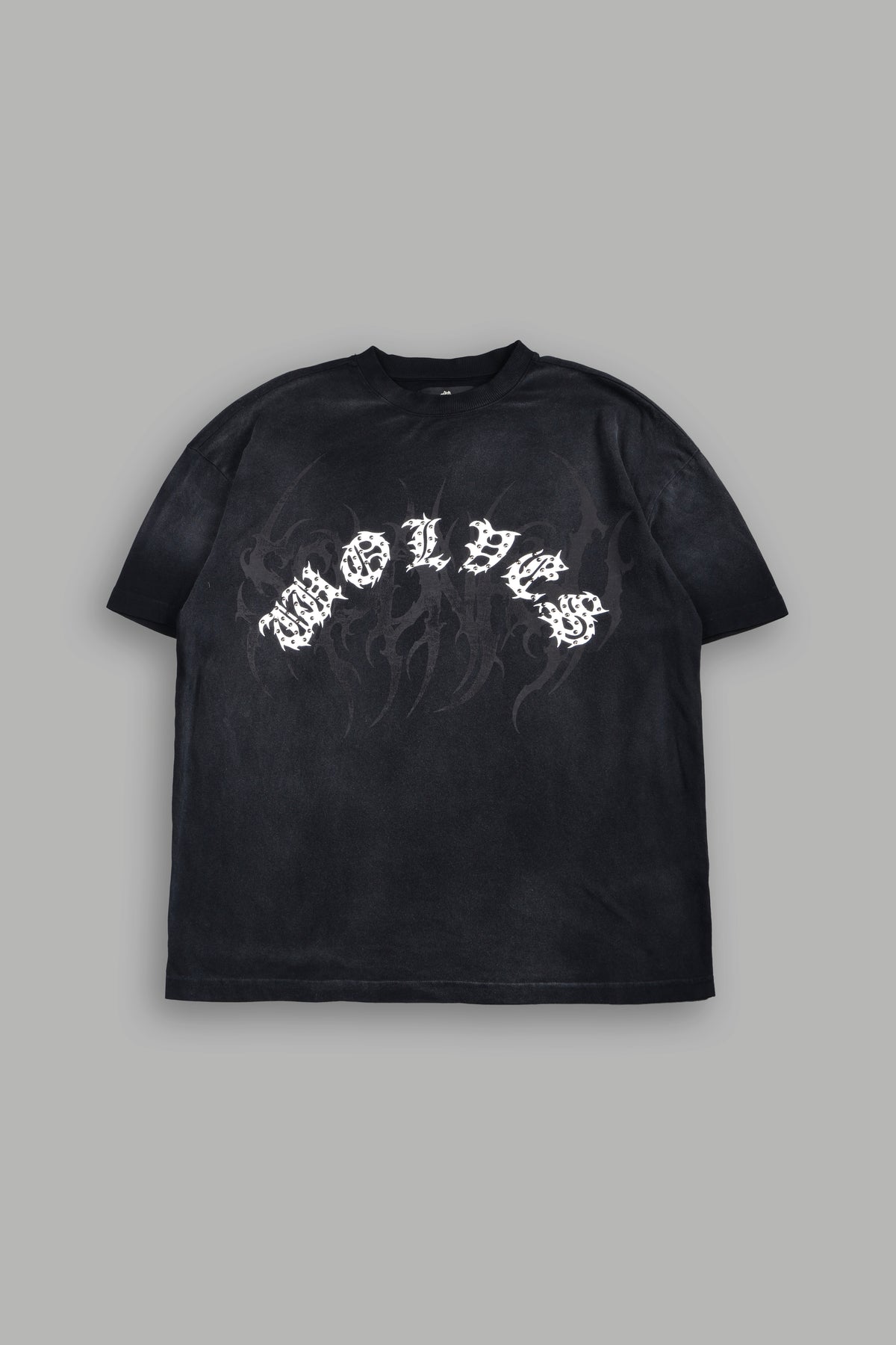 Studded Mantra Premium Oversized Tee In Black Super Sun Fade