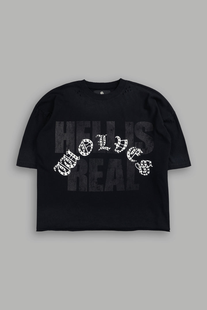 Hell is Real Distressed Grunge "Box Cut" Tee V2 in Black Drift Wash