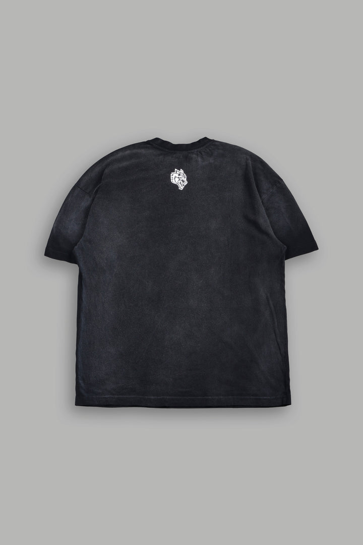 Studded Mantra Premium Oversized Tee In Black Super Sun Fade