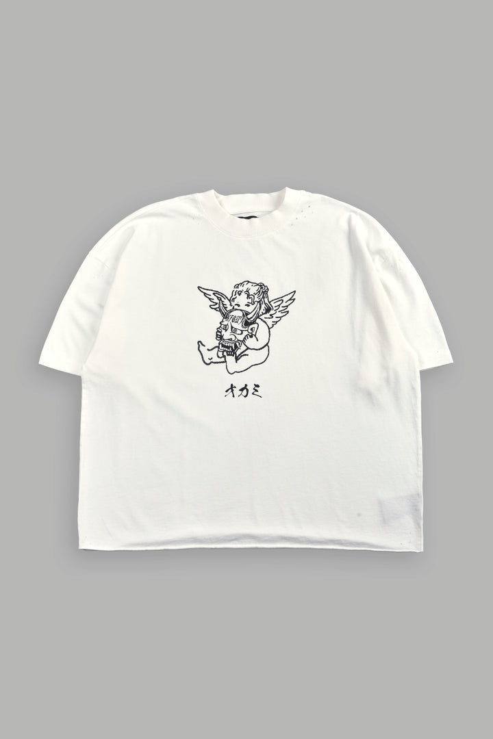 Oni Cherub Distressed Grunge Mid Length Raw Hem Tee in Cream