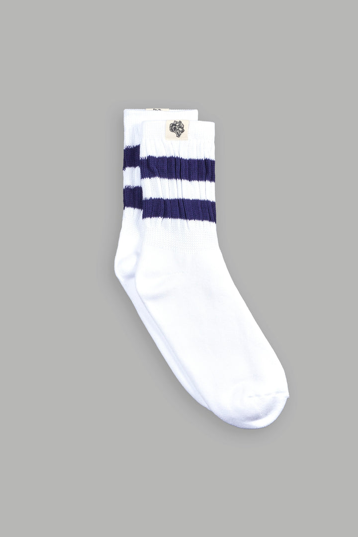 Wolf Patch V2 2 Stripe Comfy Socks in White/Royal Navy