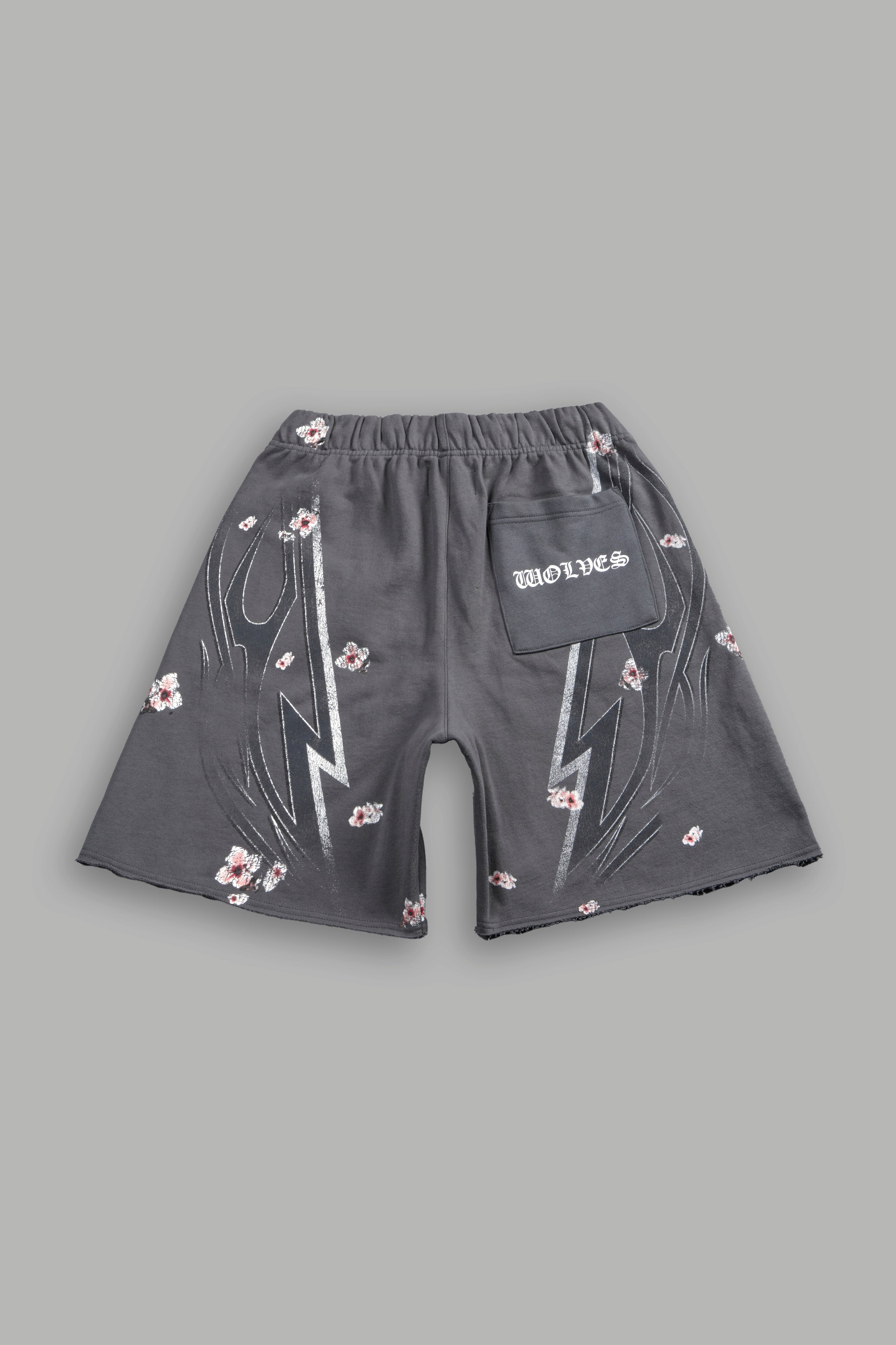 Iron Sakura Grunge Oversized Raw Hem Post Lounge Sweat Shorts in Slate Gray
