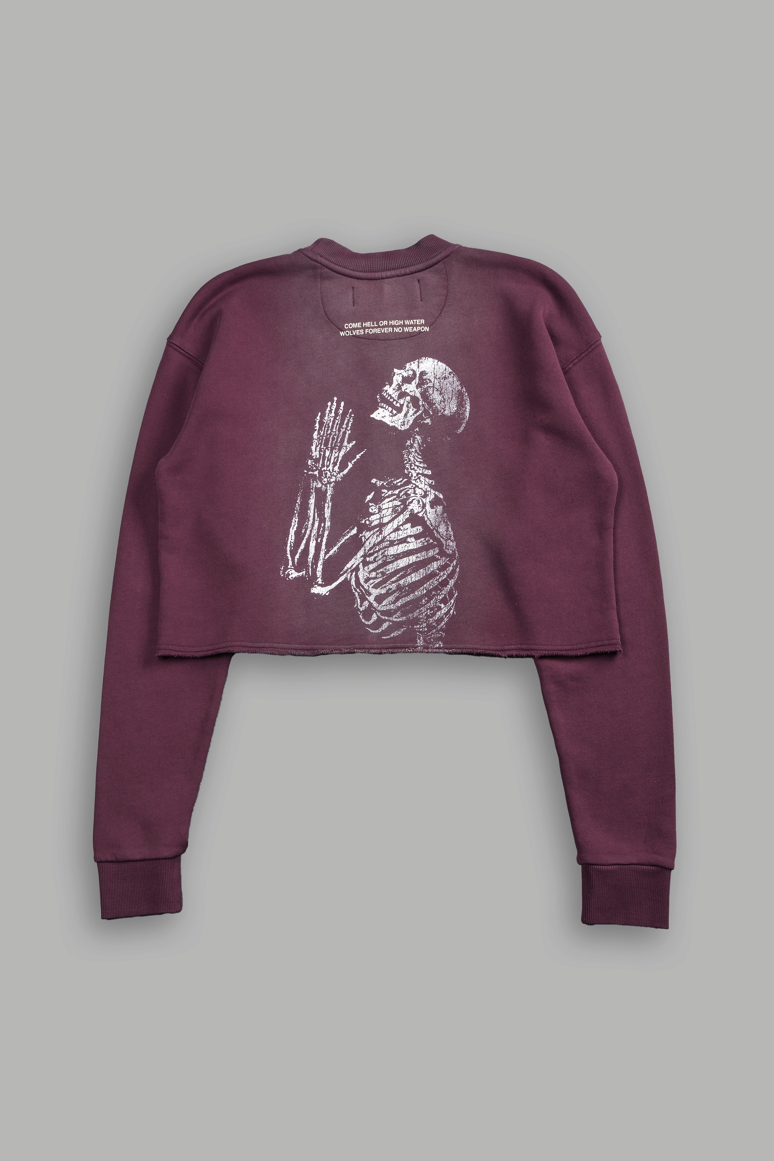 No Weapon Shall Prosper (Cropped) Crewneck in Cherry Wine Tonal Sun Fade