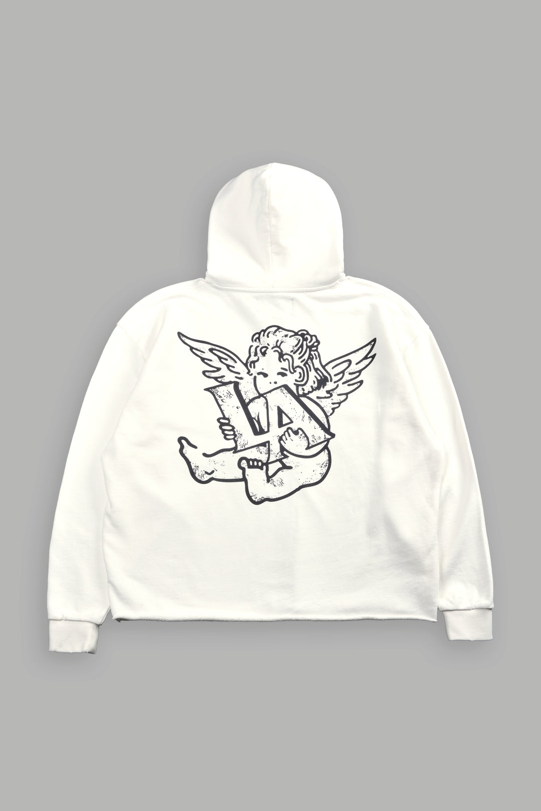 Los Cherub Distressed Grunge Mid Length Raw Hem Zip Hoodie in Cream