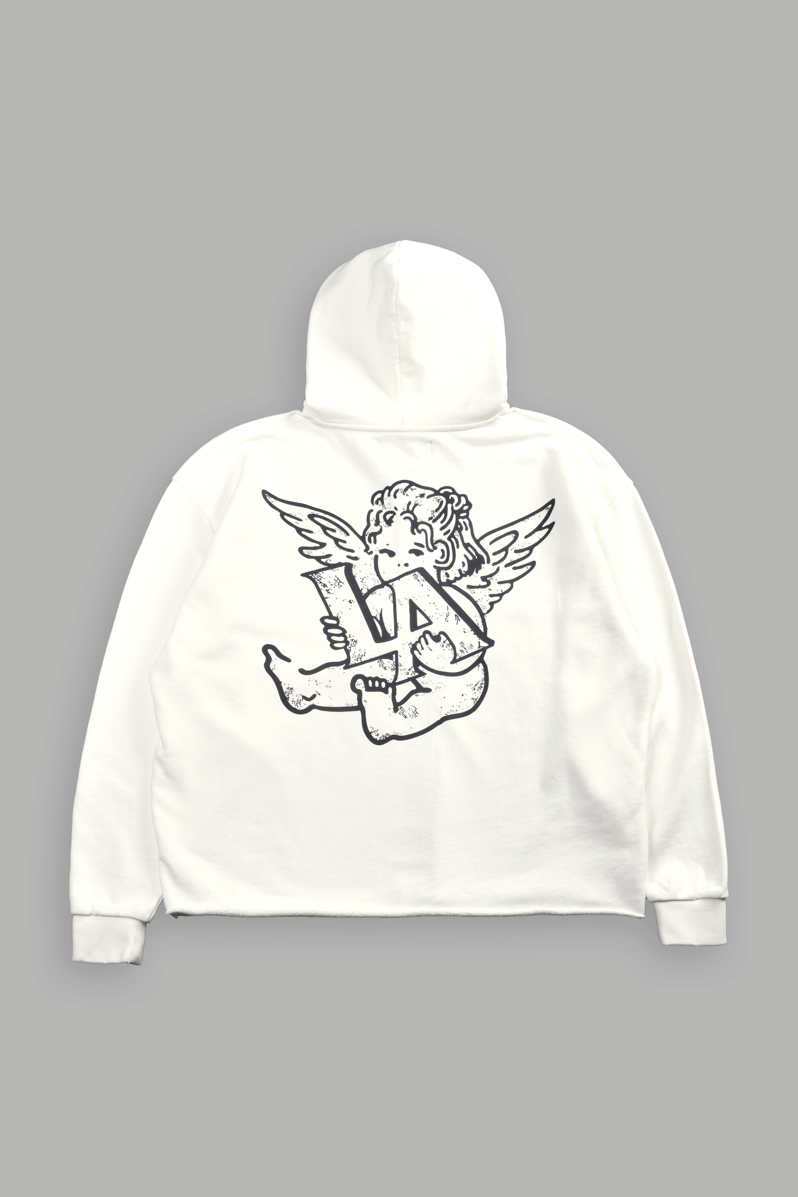 Los Cherub Distressed Grunge Mid Length Raw Hem Zip Hoodie in Cream