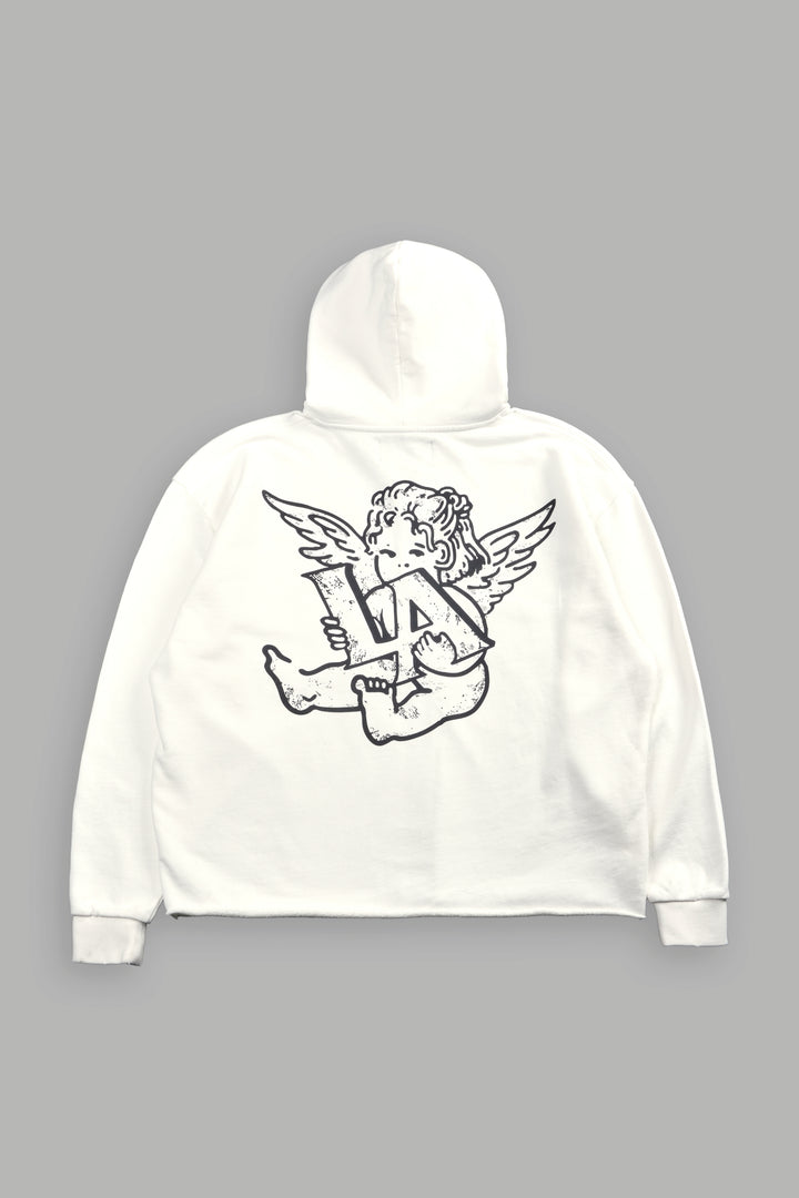 Los Cherub Distressed Grunge Mid Length Raw Hem Zip Hoodie in Cream