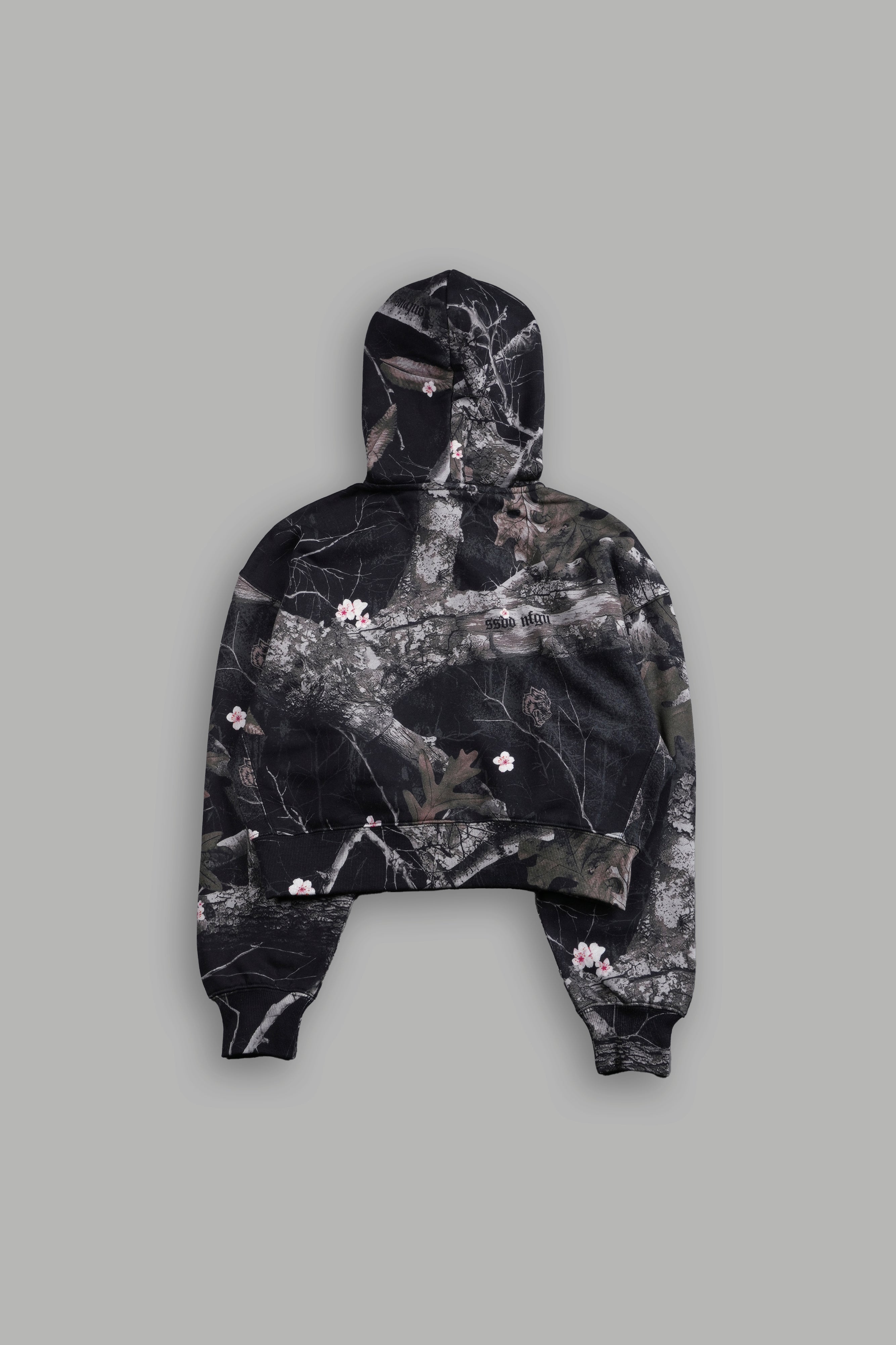Single Wolf "Sage" Cropped Zip Hoodie in Darc Blossom Woodland Camo