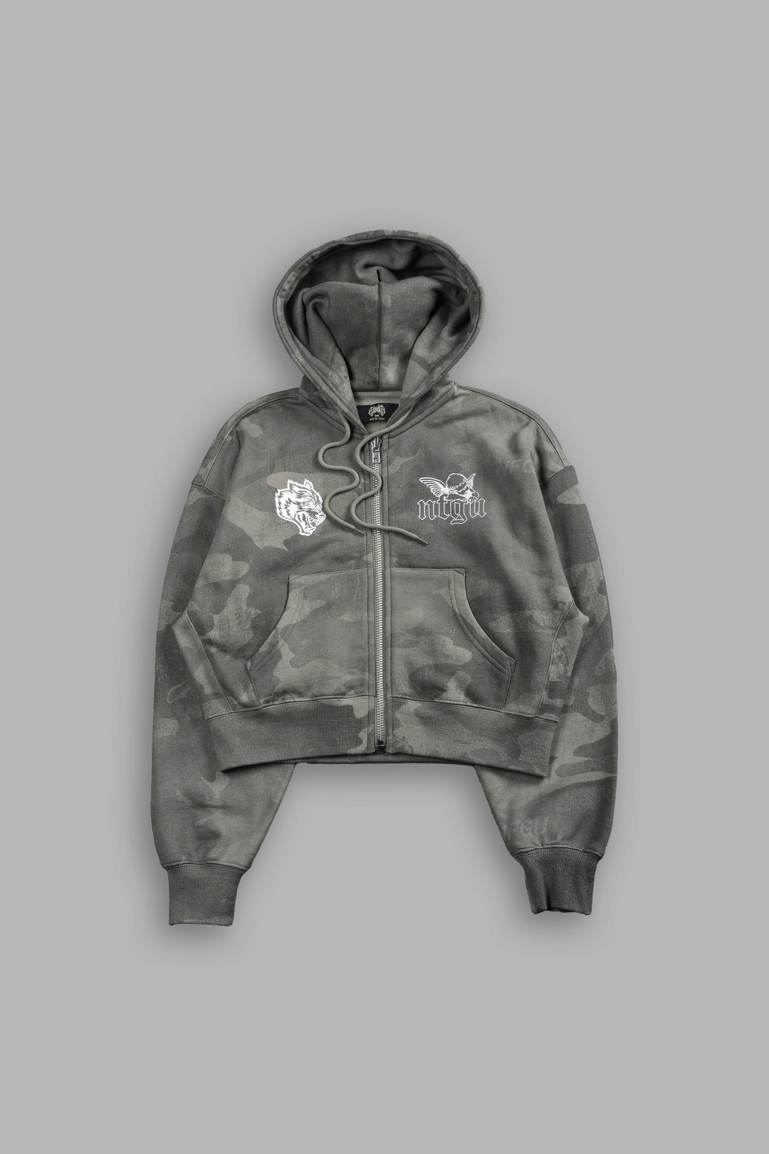 Cherub NFGU "Sage" Cropped Zip Hoodie in Lush Vintage Woodland Camo