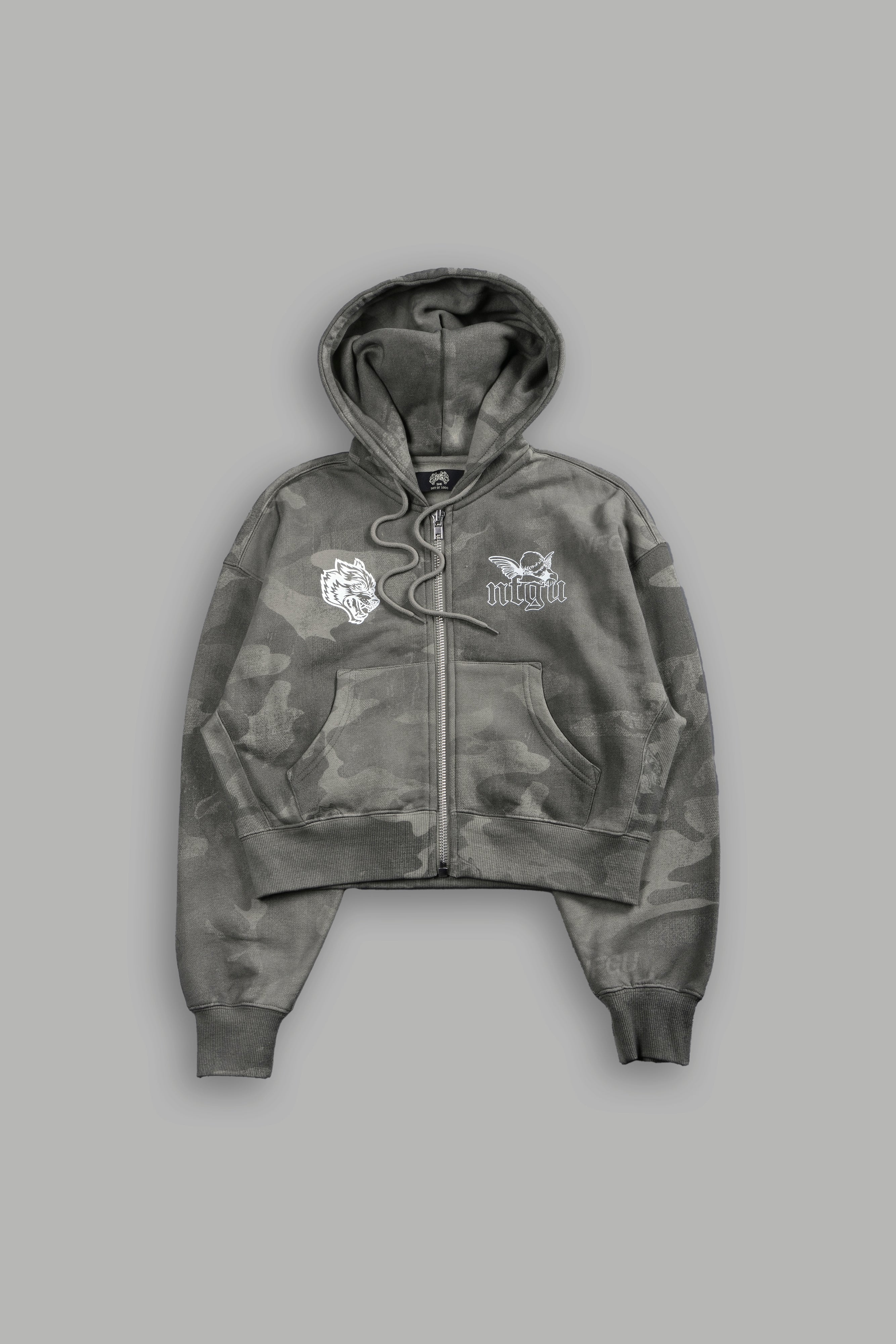 Cherub NFGU "Sage" Cropped Zip Hoodie in Lush Vintage Woodland Camo