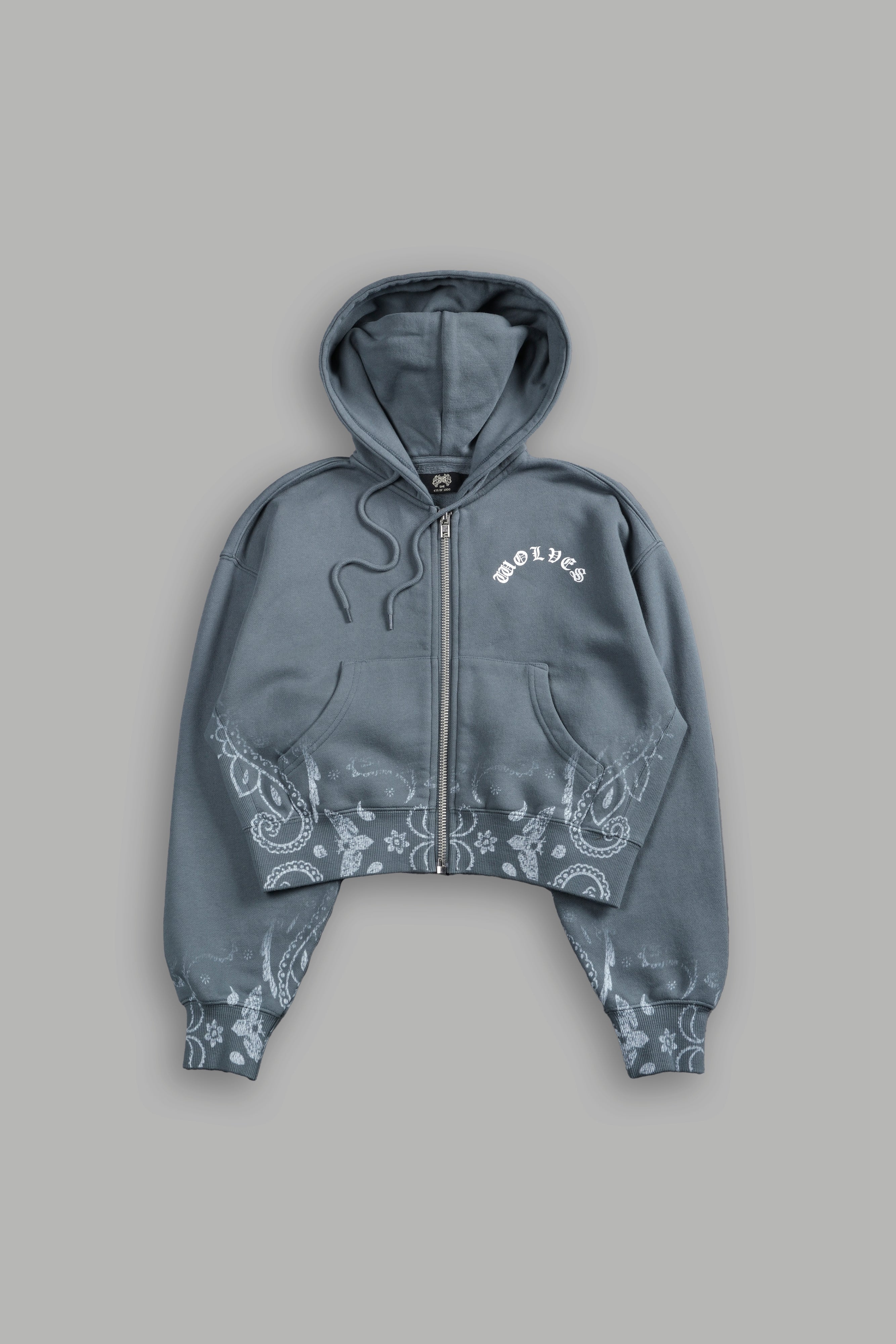 Faded Paisley "Sage" Cropped Zip Hoodie in Greek Stone