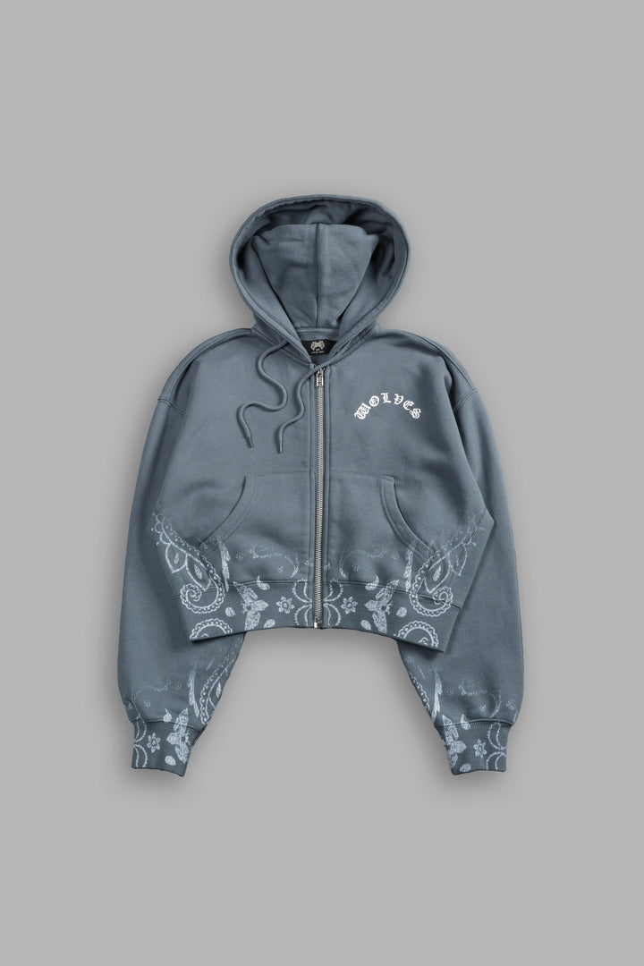 Faded Paisley "Sage" Cropped Zip Hoodie in Greek Stone