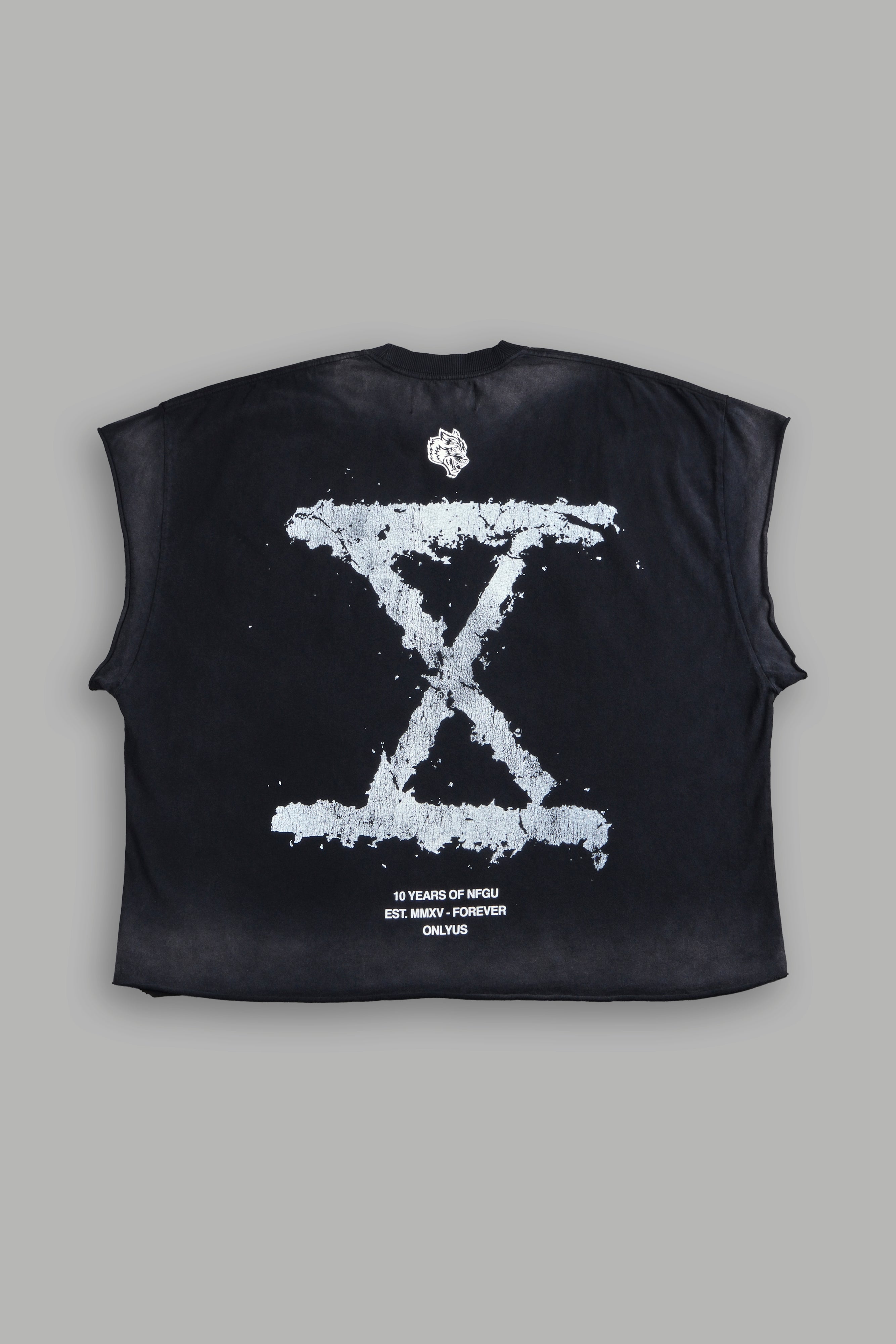 10 Years of NFGU Grunge Cut-Off Tee in Black Drift Wash