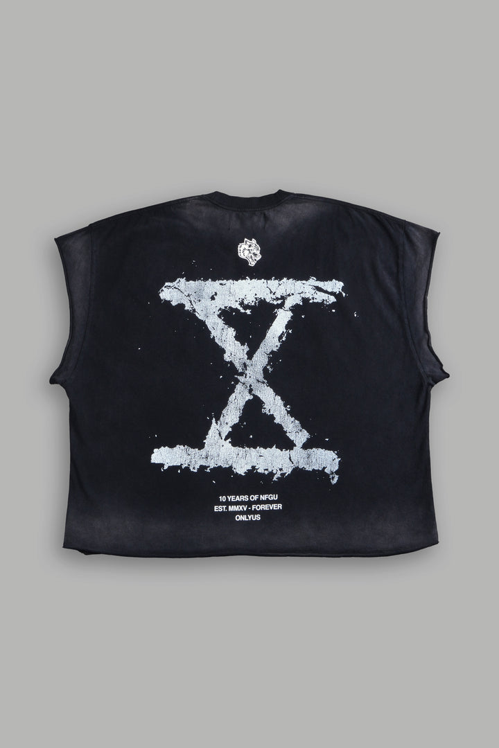 10 Years of NFGU Grunge Cut-Off Tee in Black Drift Wash