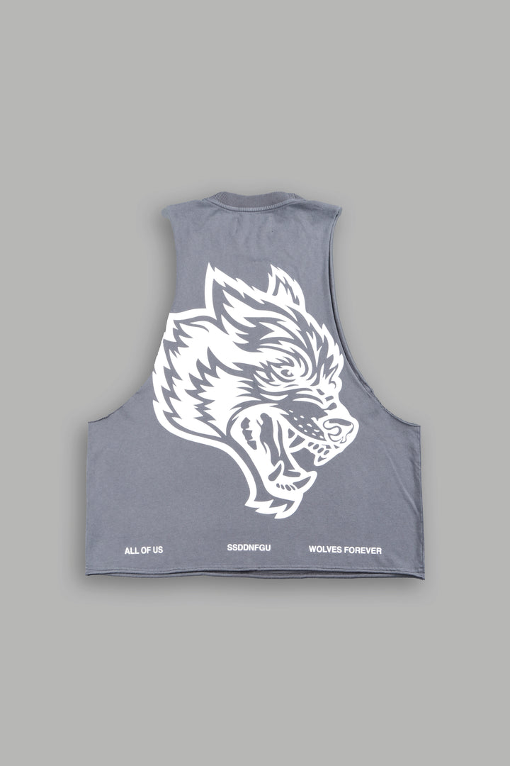 Big Wolf Head Grunge Raw Hem Box Cut Tommy Muscle Tee In Slate Gray