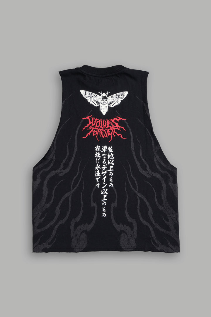 Month Kanji Grunge Raw Cropped "Tommy" Muscle Tee in Black