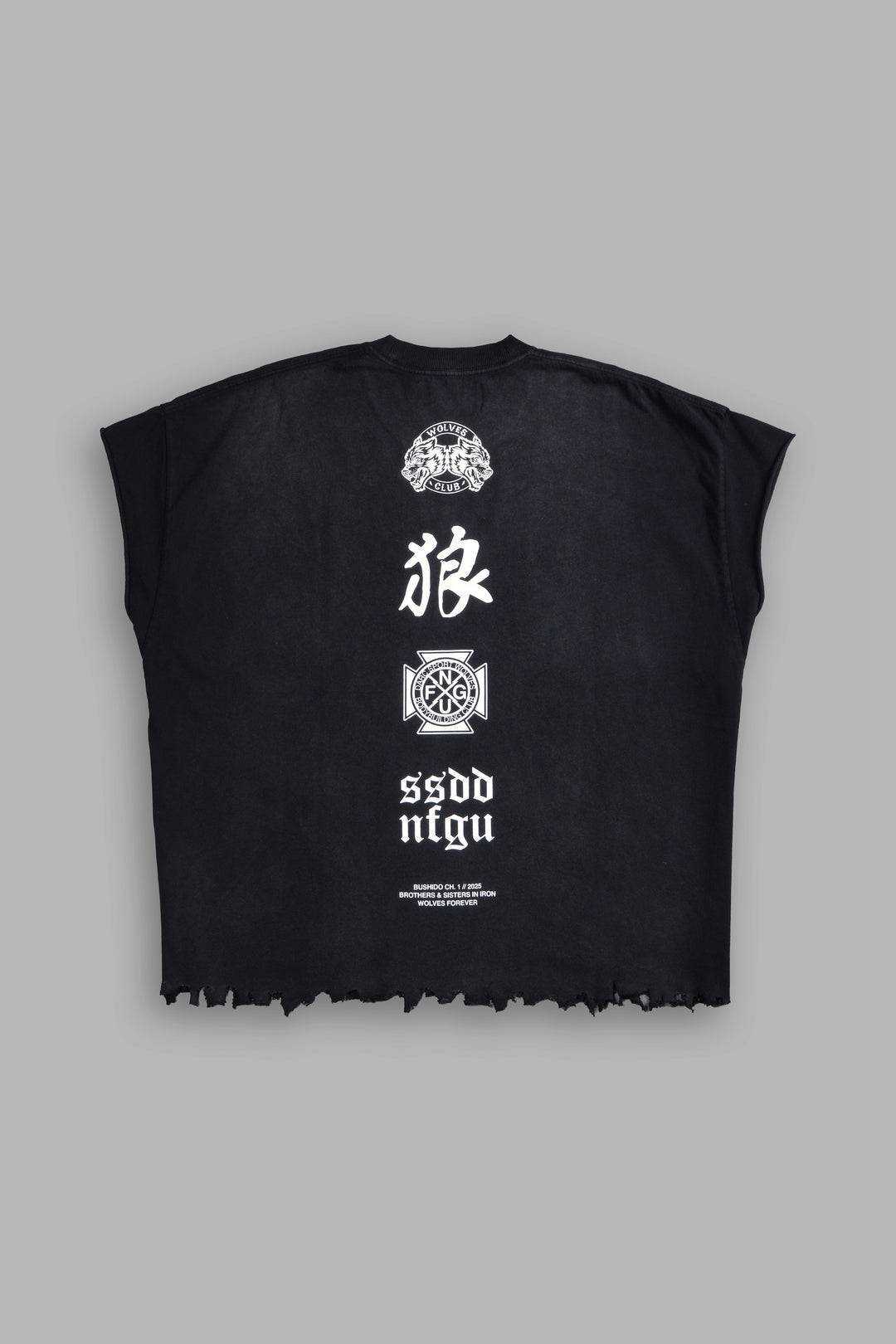 Wolves Flame Destroyed Grunge Cut-Off Tee in Black Spine Sun Fade