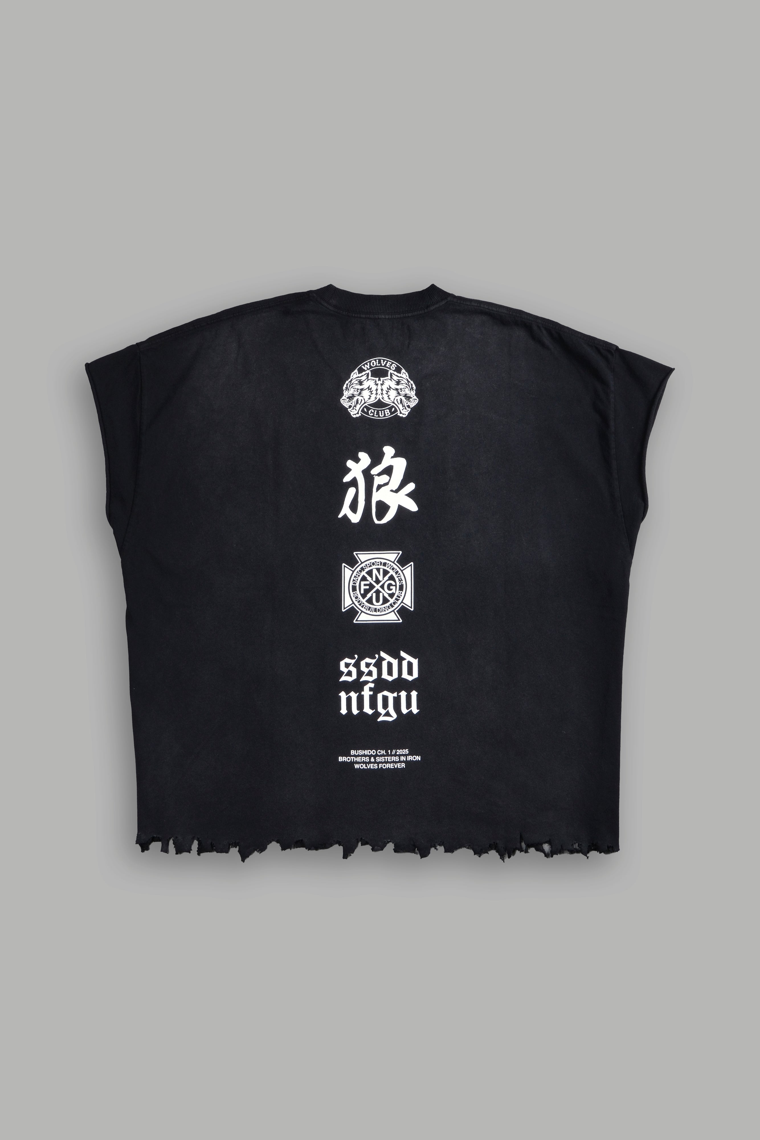 Wolves Flame Destroyed Grunge Cut-Off Tee in Black Spine Sun Fade