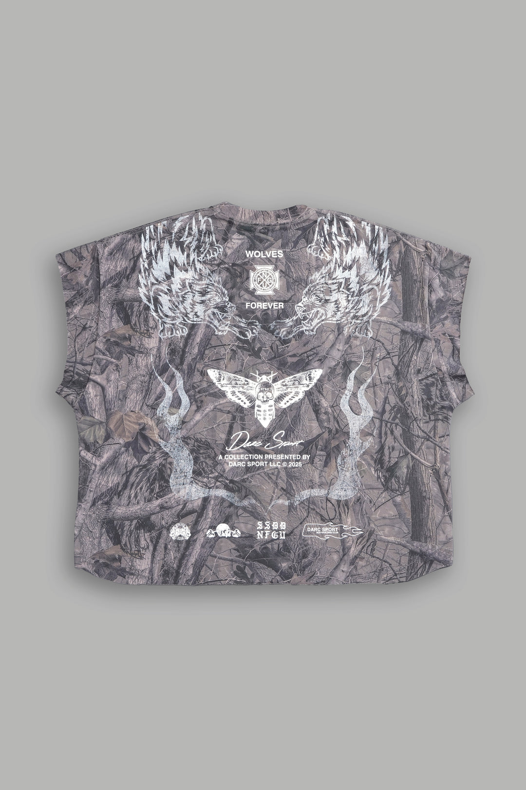 From The Top "Grunge" Cut Off Tee in Driftwood Wolf Forest Camo