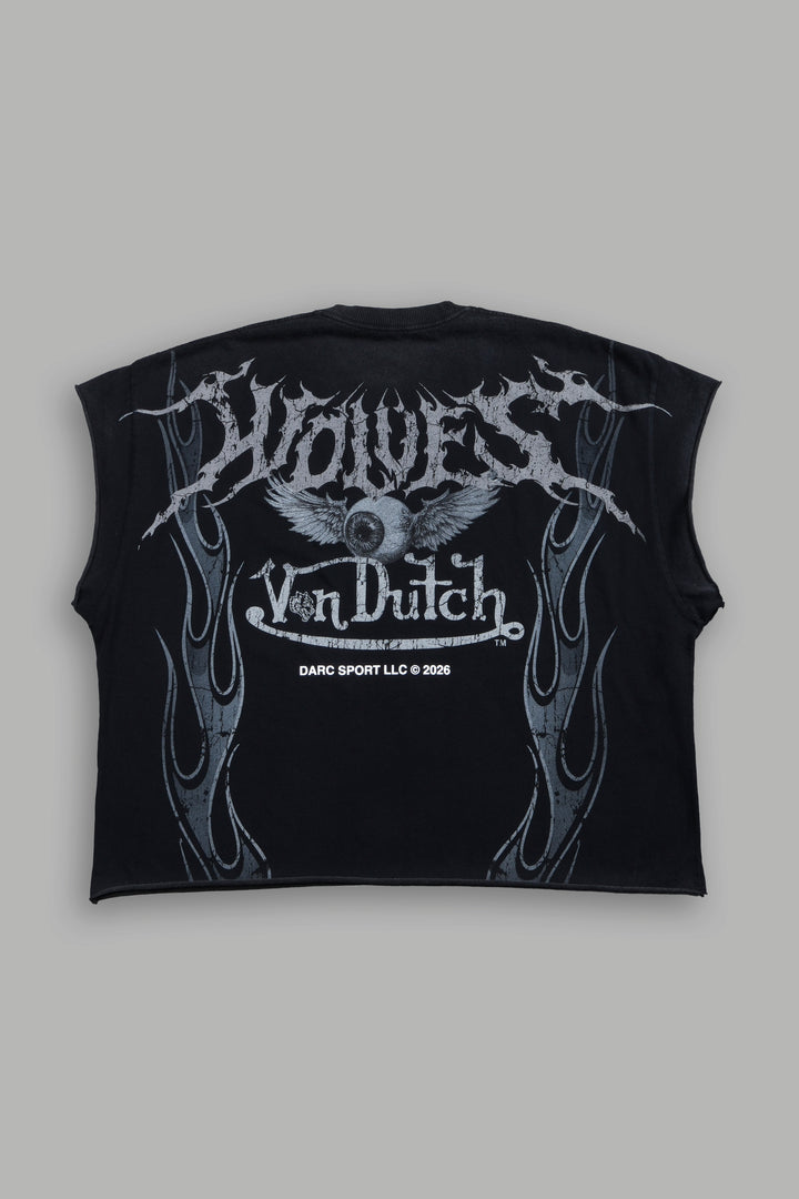 Take-Off Grunge Cut-Off Mid-Length Raw Hem Tee in Black